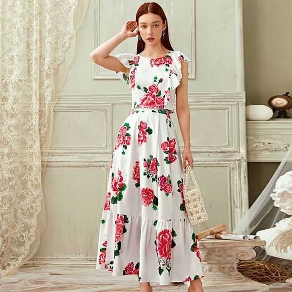 

2021 new summer casual long floral women short o-neck ruffles ankle-length skirt 2 piece set 4r0j, White