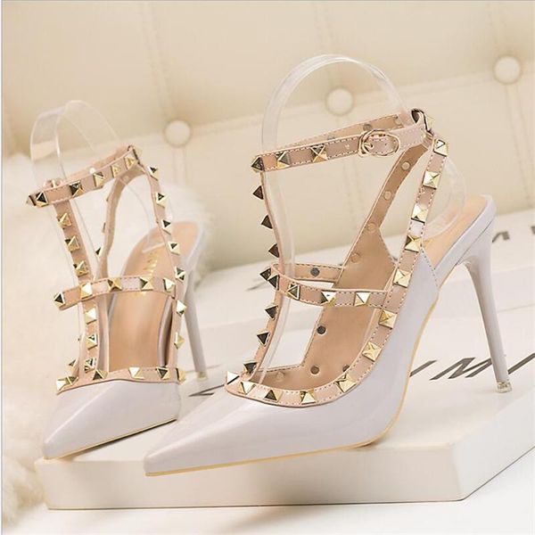 

dress shoes woman sandals fashion metallic rivet patent leather high heels nightclub stiletto roman hollow sandals34-39, Black