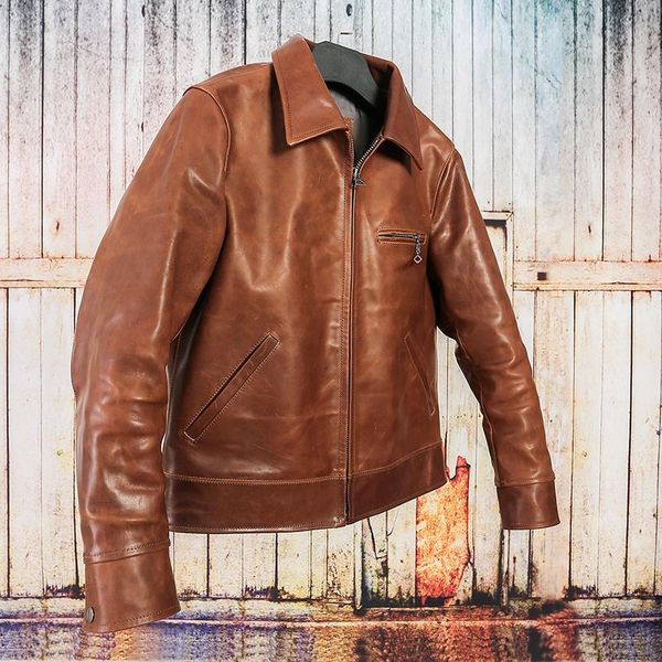 

men's leather & faux 2021 light brown american casual style genuine jacket men plus size 3xl real horsehide autumn slim fit short coat, Black