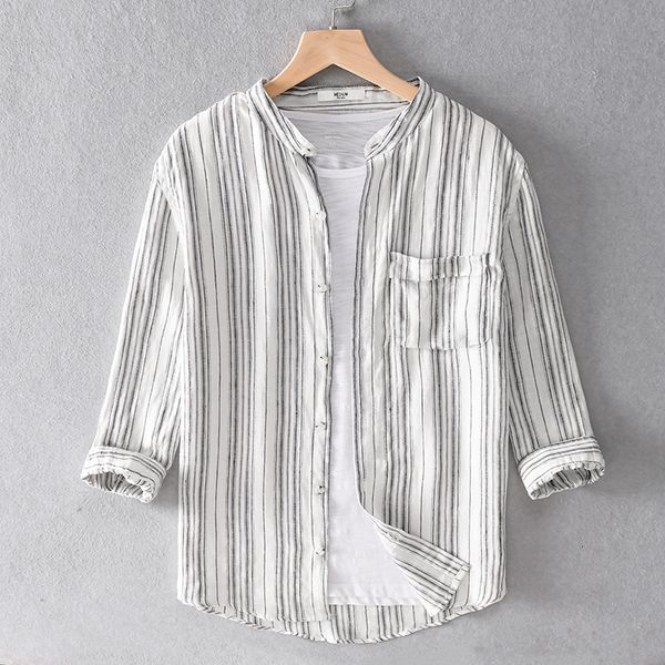 

2021 new summer pure linen casual three-quarter sleeve stand collar loose striped shirts for men fashion shirt mens camisa u3mh, White;black