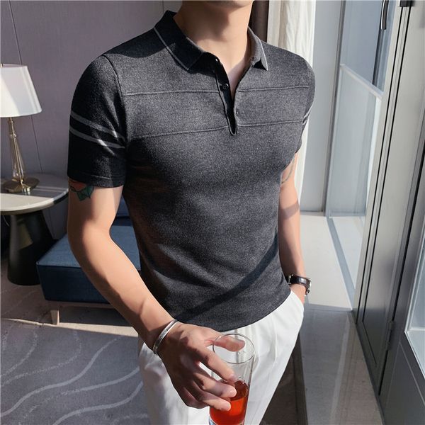 

2021 new alta qualidade primavera vero nova malha camisa polo dos homens de manga curta simples turn down collar magro ajuste casual esticad, White;black