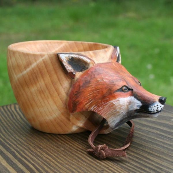 

mugs wooden mug animal shape portable camping drinking cup hand carved outdoor with lanyard