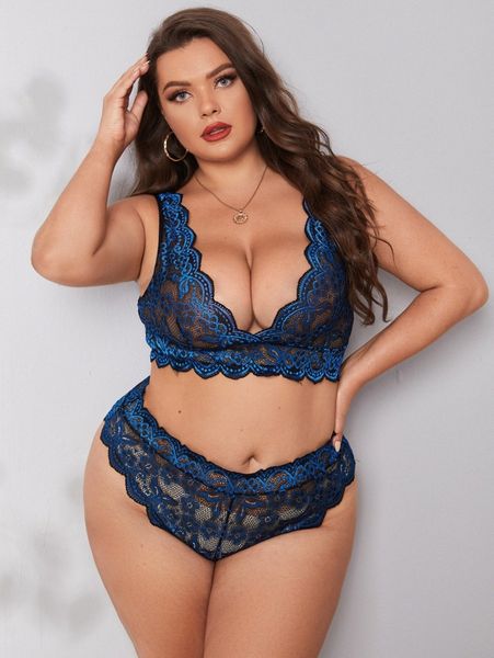 

plus floral lace scallop trim lingerie set m7h2#, Black;white