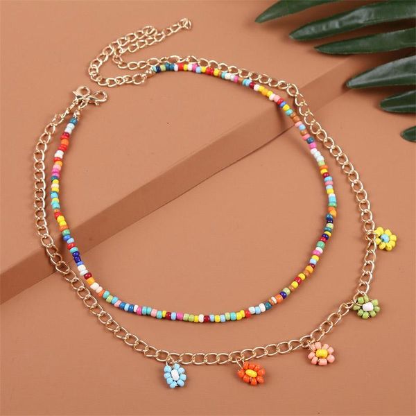 

2 pcs/set bohemian multicolor beaded necklaces for women boho gold color metal chain handmade beads flower necklace jewelry, Silver