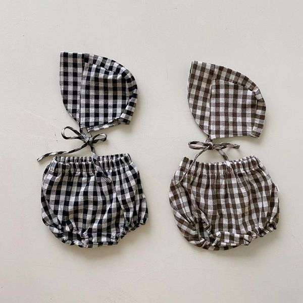 

clothing sets 2021 summer baby boy girl shorts born toddlers plaid cotton linen pants bubble bloomers infant short+hat 2pcs outfits, White
