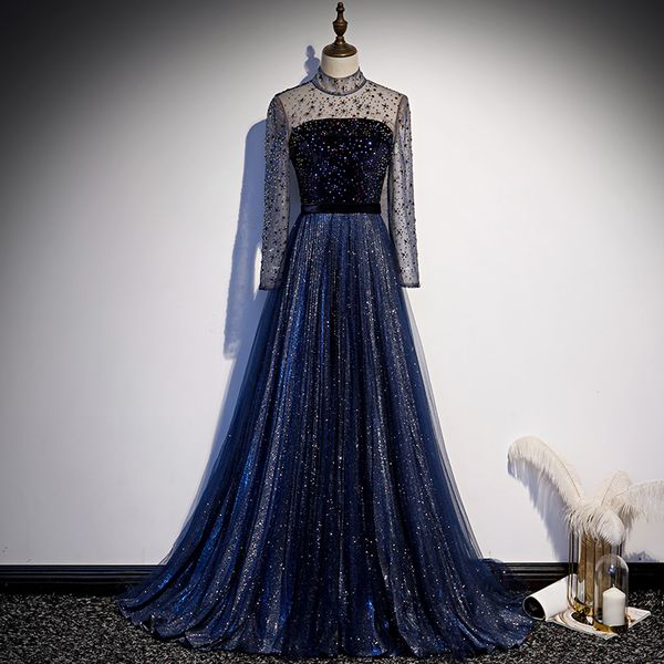 

Fashion High Collar Long Sleeve Starry Evening Dress Sexy Chic Hollow Out Bandage Slim Floor Length Pageant Party Gown, As the photo