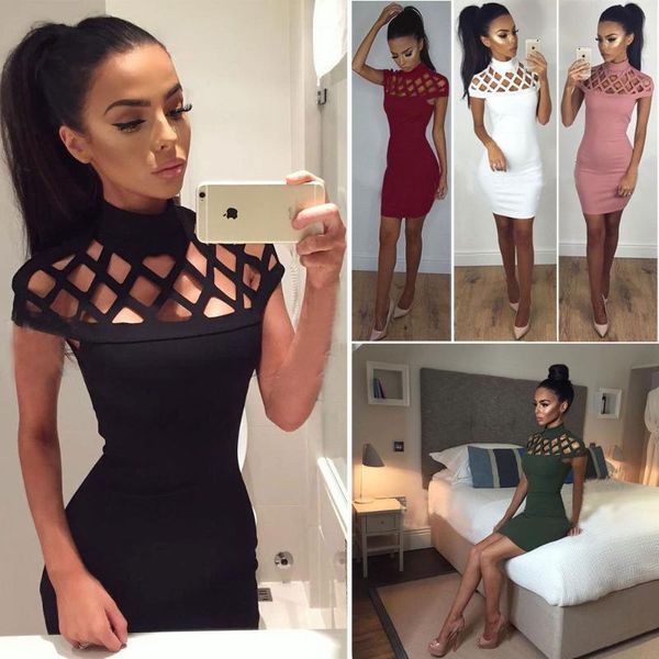 

party dresses ladies summer solid hollow mini dress women short sleeve choker high neck bodycon, White;black
