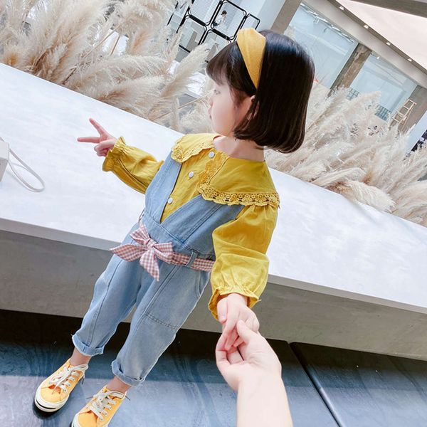

girls' shirtsleep autumn 2020 new korean lace shirt + two piece suit, Blue