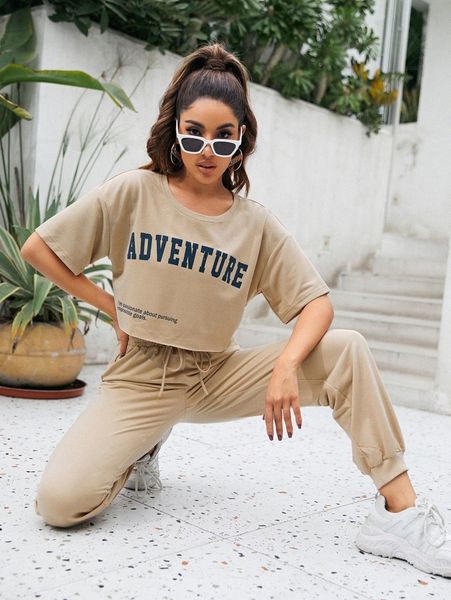 

drop shoulder letter graphic & joggers set k0hr#, White