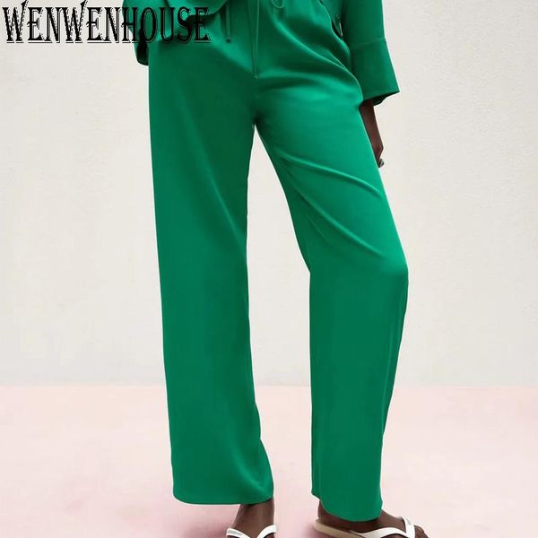 

women's pants & capris za women 2021 chic fashion side pockets loose wide leg vintage high elastic waist drawstring female trousers muj, Black;white