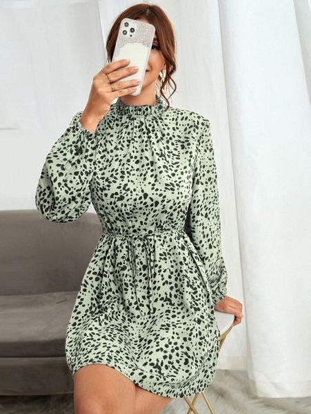 

allover print frill trim belted dress q72a#, Black;gray