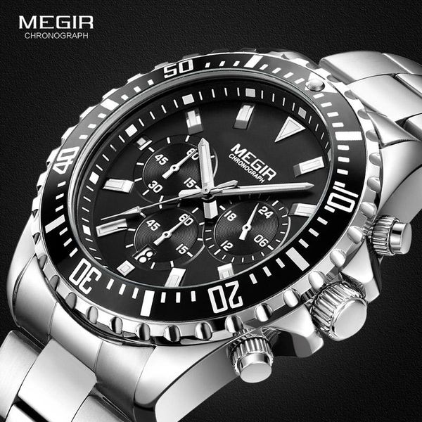 

wristwatches megir luxury business quartz watch men brand stainless steel chronograph army military wrist clock relogio masculino male, Slivery;brown