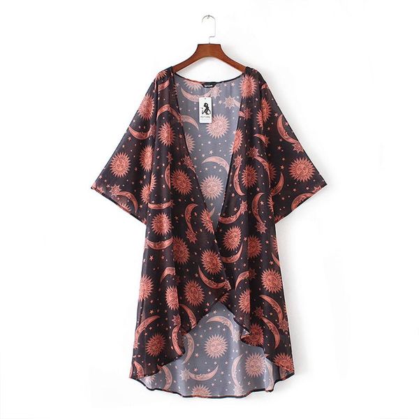 

feitong brand kimono cardigan women blouses vintage sun moon print chiffon loose shawl long female shirt cover up blouse new, White