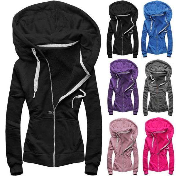 

women solid plush drawstring zipper hooded casual brief sweatshirt velvet pocket simple 2021#301, Black