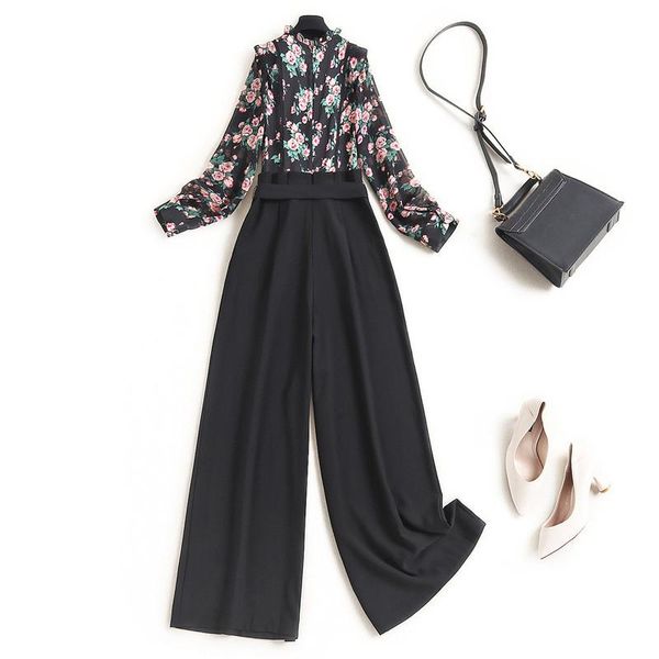 

women's jumpsuits & rompers runway fashion 2021 spring designers women floral print chiffon patchwork jumpsuit wide leg pants o, Black;white