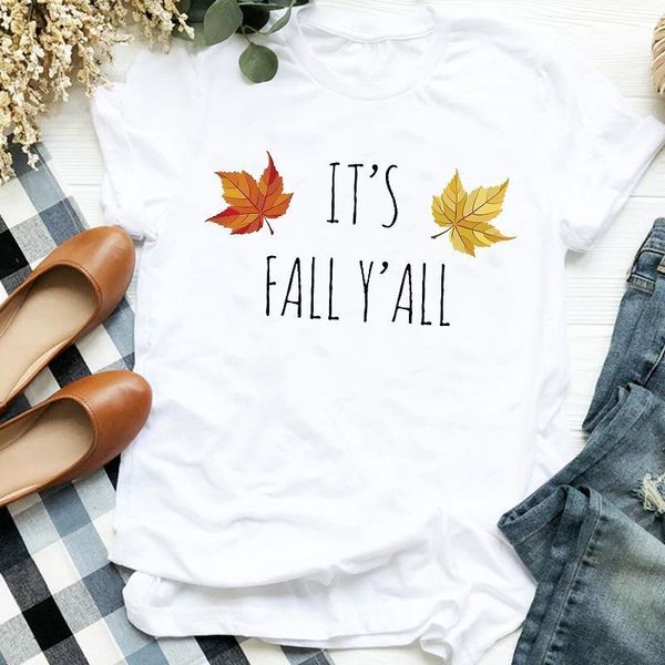 

women lady leaf autumn trend 90s thanksgiving halloween print tshirt female t tee womens shirt clothes graphic t-shirt, White