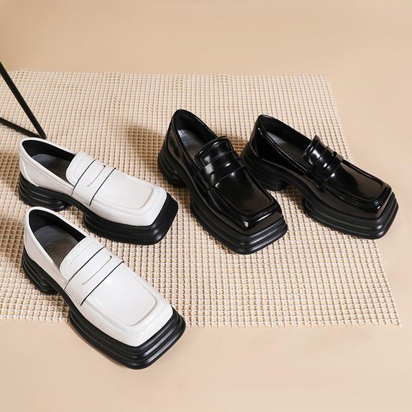 

dress shoes the summer of 2021 preppy style retro british small leather loafers with thick soles and square toe single for w, Black