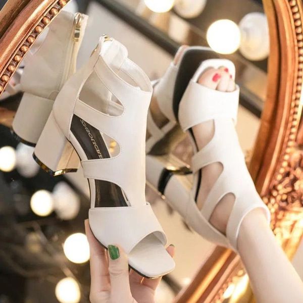 

dress shoes hollow out thick high heels sandals women 2021 peep toe summer boots woman plus size casual zipper rome, Black