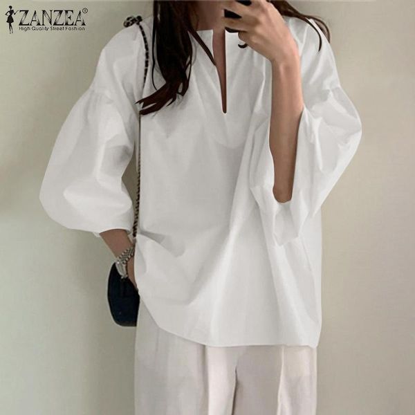 

women's blouses & shirts autumn women femme casual blouse shirt v-neck oversize leisure blusas solid elastic cuff stylish office, White