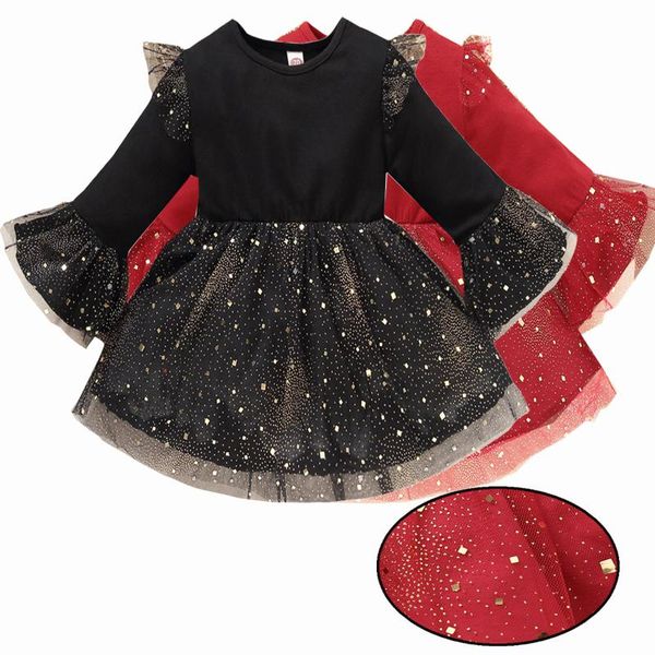 

girl's dresses winter fall girls glitter dress long sleeve clothes children kids costumes born baby rompers vestidos mesh 3 4 years 18, Red;yellow