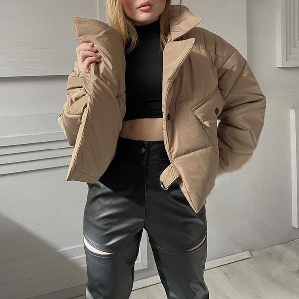 

women's down & parkas novalya casual turn collar women fashion pockets coats elegant long sleeve short cotton jackets female ladies, Black