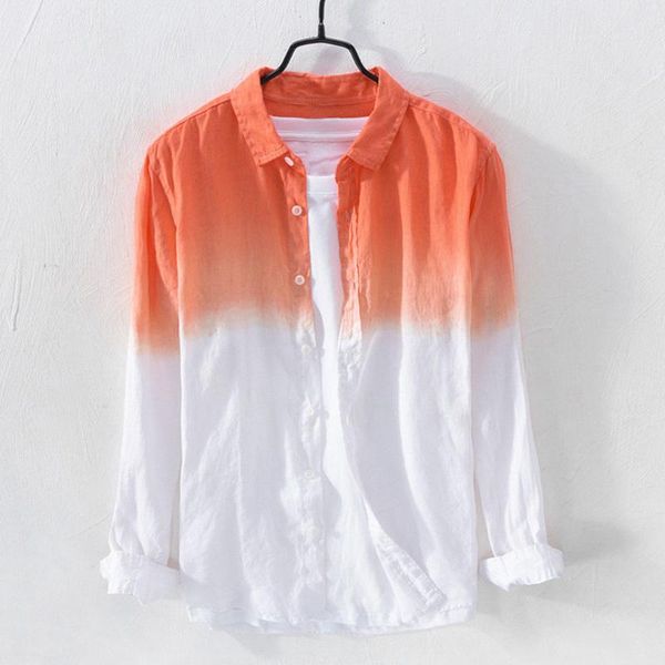 

men's casual shirts summer cool thin breathable long sleeve button retro lapel collar men clothing hanging dyed gradient 100% cotton li, White;black