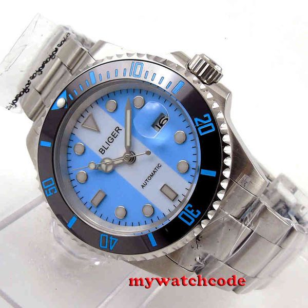 

blue 40 mm white bliger card date sapphire glass automatic unwomens watch 118, Slivery;brown