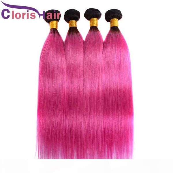 

highlight two tone 1b pink straight hair bundles brazilian virgin human hair weaves dark roots pink brazillian ombre hair extensions, Black