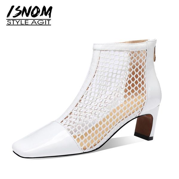 

sandals isnom 2021 women boots mesh patent leather high heels square toe zip up shoes female casual summer, Black