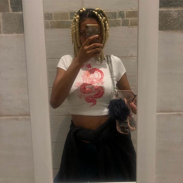 

2020 chinese character dragon print t shirt women summer harajuku t shirt and crop casual tee streetwear camisa mujer femme, Black