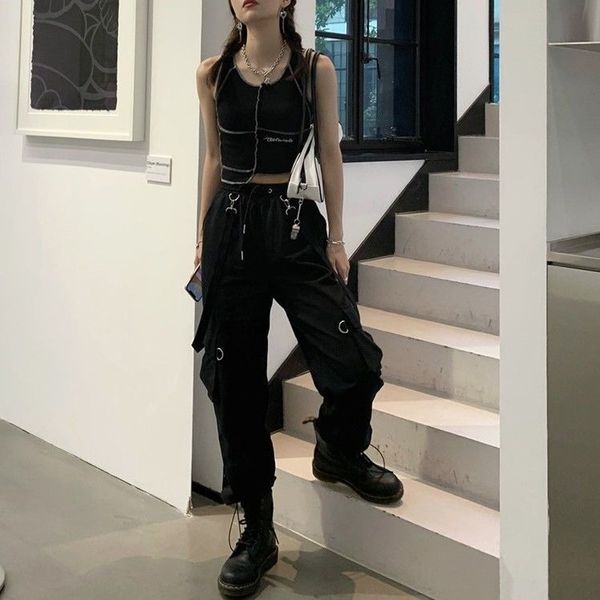 

harajuku goth jogging cargo pants women streetwear black high waist pants oversized pants goth plus size casual trousers, Black;white
