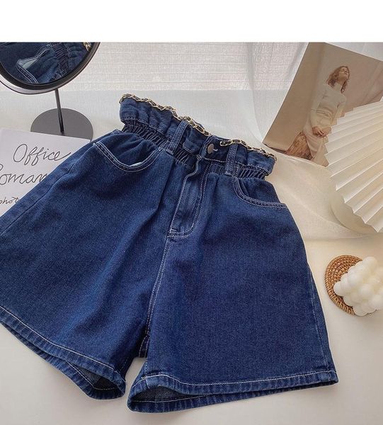 

women's jeans summer fashion korean style chain high waist flower bud wide leg shorts women, Blue