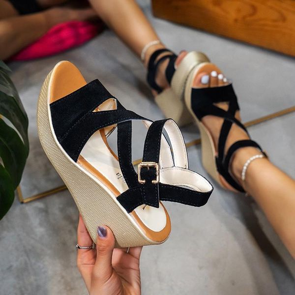 

sandals ins lace leisure women wedges heeled shoes 2021 summer party platform high heels woman chunky, Black