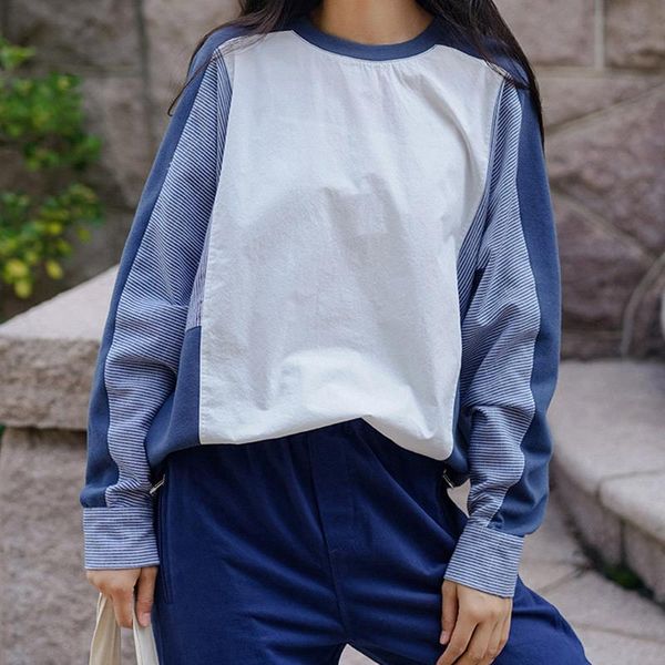 

women's cotton patchwork blouse striped o-neck long sleeve all-match female 2021 autumn loose casual ladies blouses, White