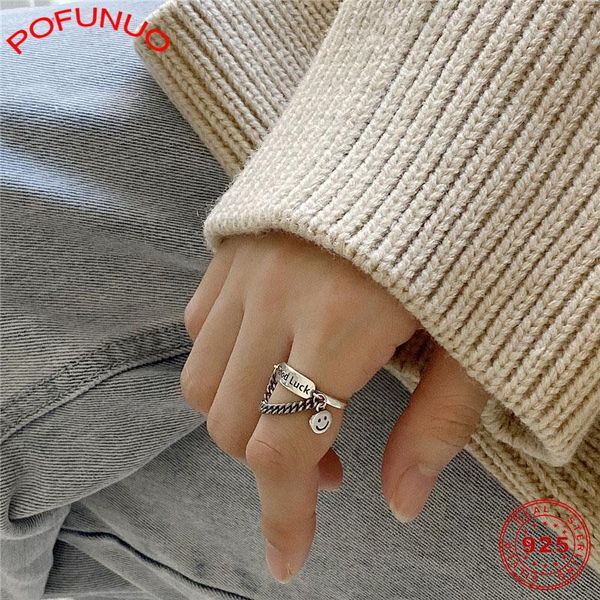 

cluster rings pofunuo genuine 925 sterling silver smile ring trendy good luck letter for women fashion fine jewelry female gifts, Golden;silver