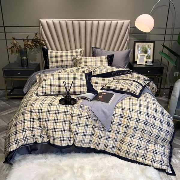 

luxury 800tc egyptian cotton embroidery bedding set classic lattice stripe printing duvet cover flat/fitted sheet pillowcases