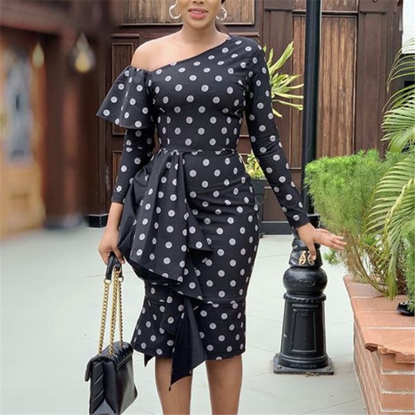 

2021 new women black es printed polka dot off one shoulder ruffles patchwork long sleeve bodycon slim classy fashion african female x5jj, Black;gray