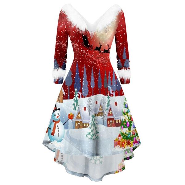 

casual dresses christmas santa claus printed women fashion faux-plush panel long sleeve v-neck asymmetrical vintage party dress, Black;gray