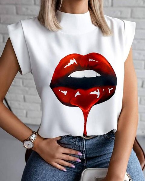 

shipping new womens summer t-shirt stand collar lips printed tees sleeveless ladies acetate size s-2xl, White