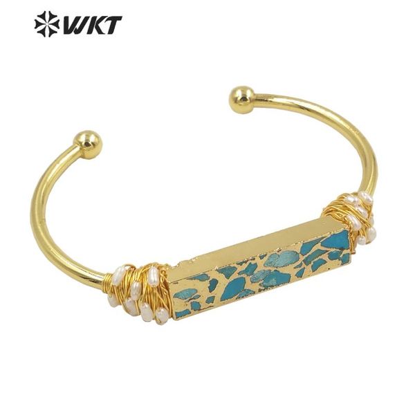 

bangle wt-b581 women precious gold resist tarnishable natural stone wire wrapped copper turquoise pearl charm boho, Black