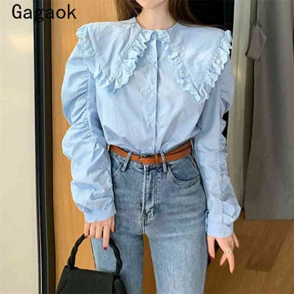 

blouse women spring autumn sweet ruffles peter pan collar solid wild shirts loose korean fashion chic blouses 210531, White