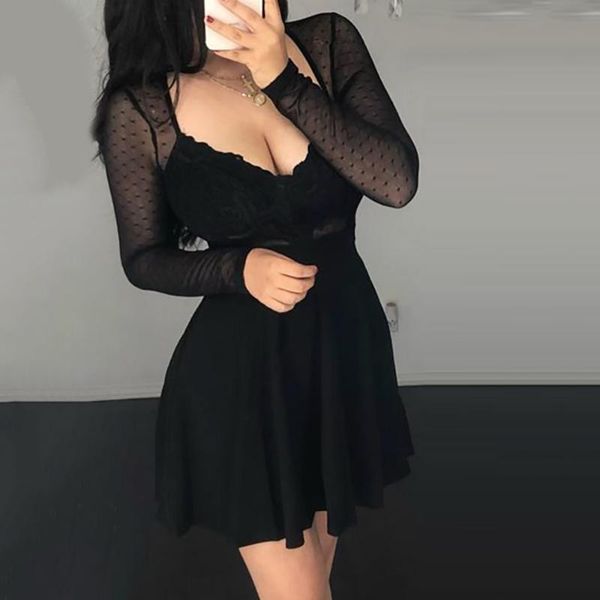 

casual dresses autumn and spring women's mini dress polka dot retro mesh solid color long-sleeved ruffles elegant party street wear, Black;gray