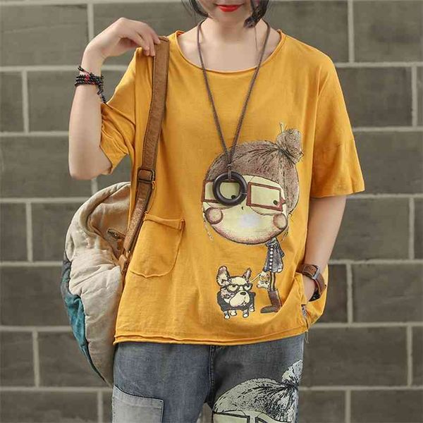 Frauen Mode Marke Sommer Vintage Patchwork Cartoon Hund Kleines Mädchen Drucken Süße Kurzarm T-Shirt Weibliche Casual T-shirts 210623