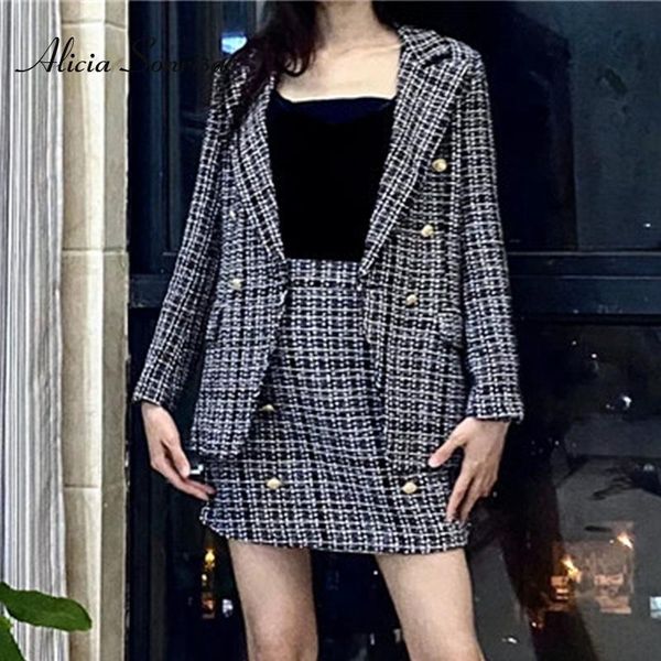 

two piece dress black white plaid fashion female suit skirt women cooked tweed blazer set double-breasted mini