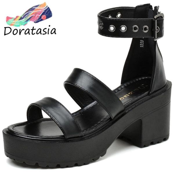 

sandals doratasia women solid buckle strap platform sauare heel shoes cool fashion punk, Black