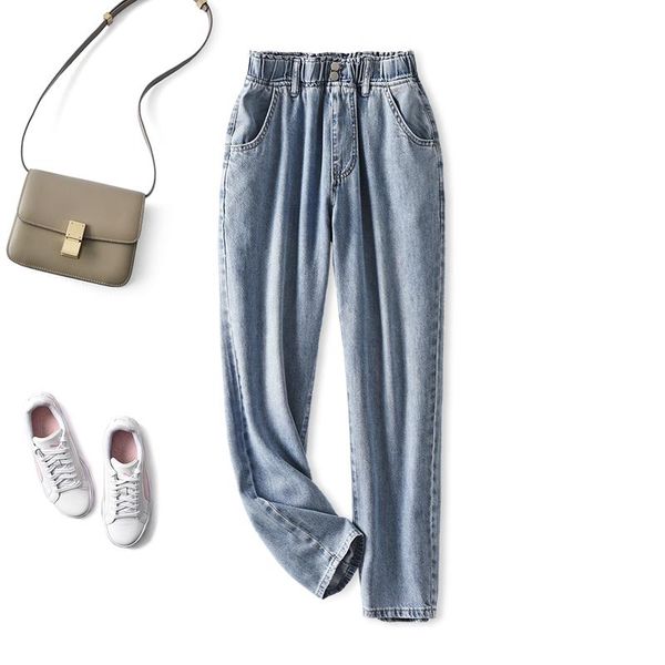 

women's jeans shuchan cotton lyocell straight elastic waist casual full length blue pants pockets vintage