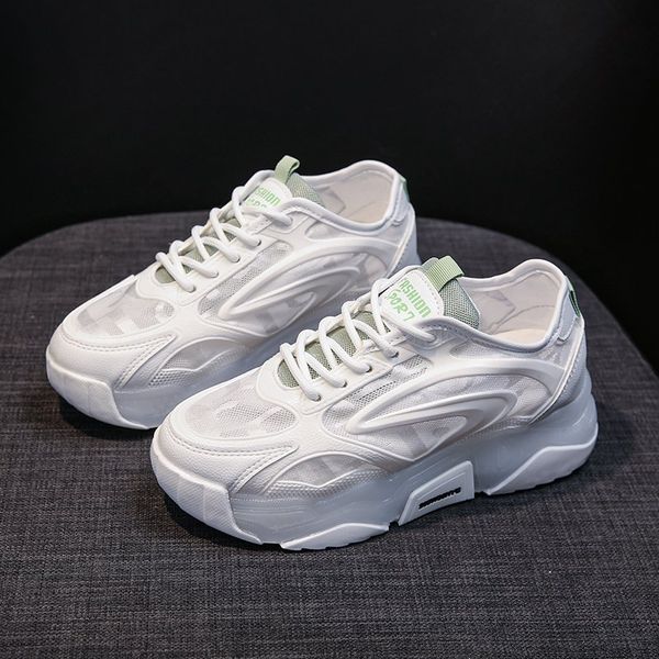 

Summer New Women Shoes High Heel Green Breathable Mesh Sneakers Female Trendy Old Dad Chunky Sneakers Walking Footwear Ladies, Whitegreen
