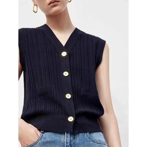 

women's knits & tees women sweater 2021 spring and summer sleeveless vest gold buckle knitted solid color striped cardigan, White