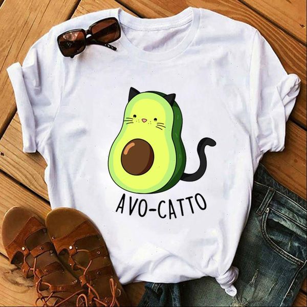

funny cute avocado cat print woman tshirts female harajuku vegan white tee plus size summer t shirts