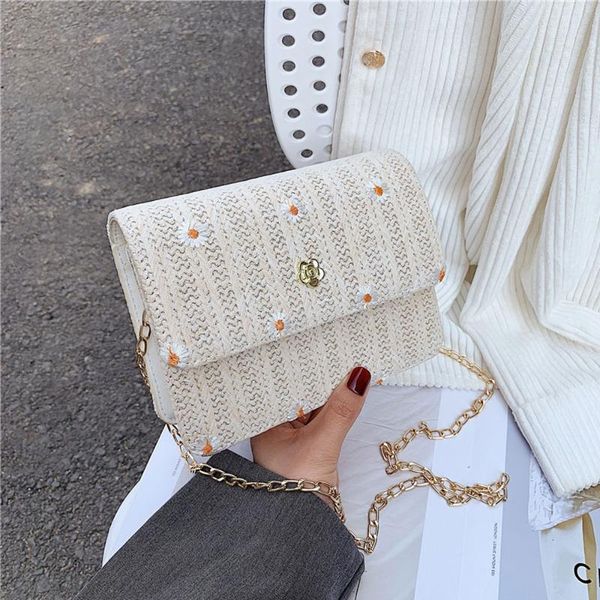 

evening bags vintage women's straw shoulder woven fashion female messenger bag daisy embroidery casual chain handbag sweet ladies clutc